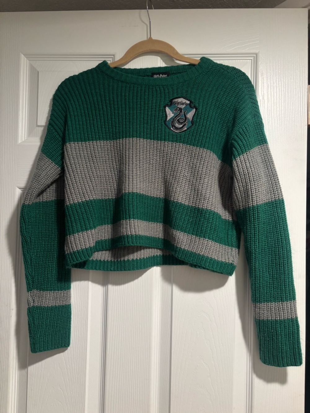 Slytherin Green & Gray Striped Cropped Sweater XS